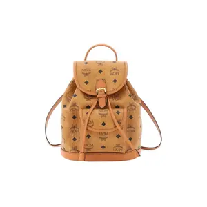 MCM Aren Backpack with 24K Gold-Plated Hardware and Monogram Print, Coated Canvas and Spanish Calfskin, Mini Size for Men and Women, Brown/Cognac