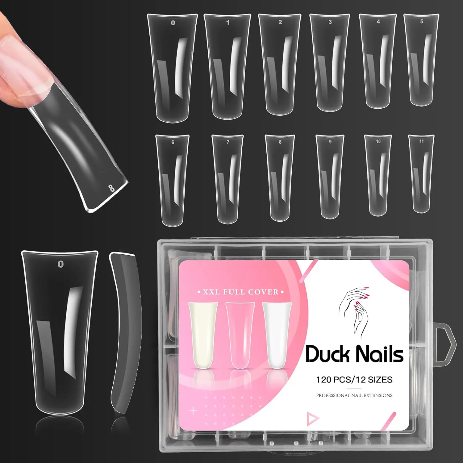Clear Duck Nail Tips, 120pcs/set 12 Sizes Extra Long Duck Feet Style Nail Tips, Full Cover Nail Tips, Nail Extension Set for Y2K Nail Salon Acrylics