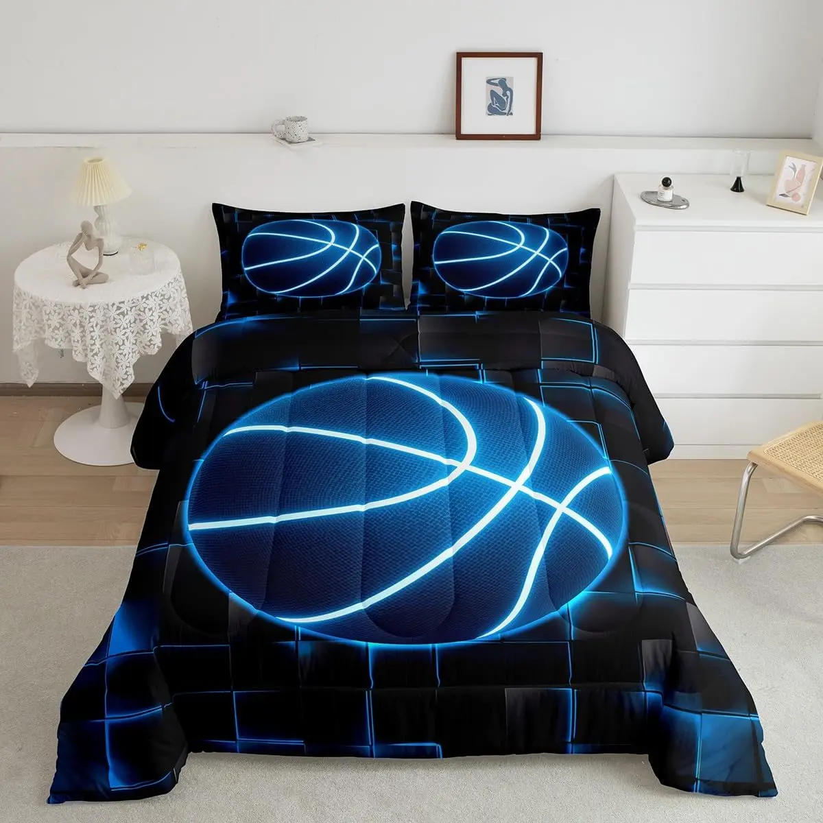 Feelyou Basketball Bed Comforter Set - Blue and Black Geometric Honeycomb Duvet, Durable Flat Weave Luxury Breathable Fabric Duvets & Sets, Gaming Sports Quilt Bedspread for Bedroom