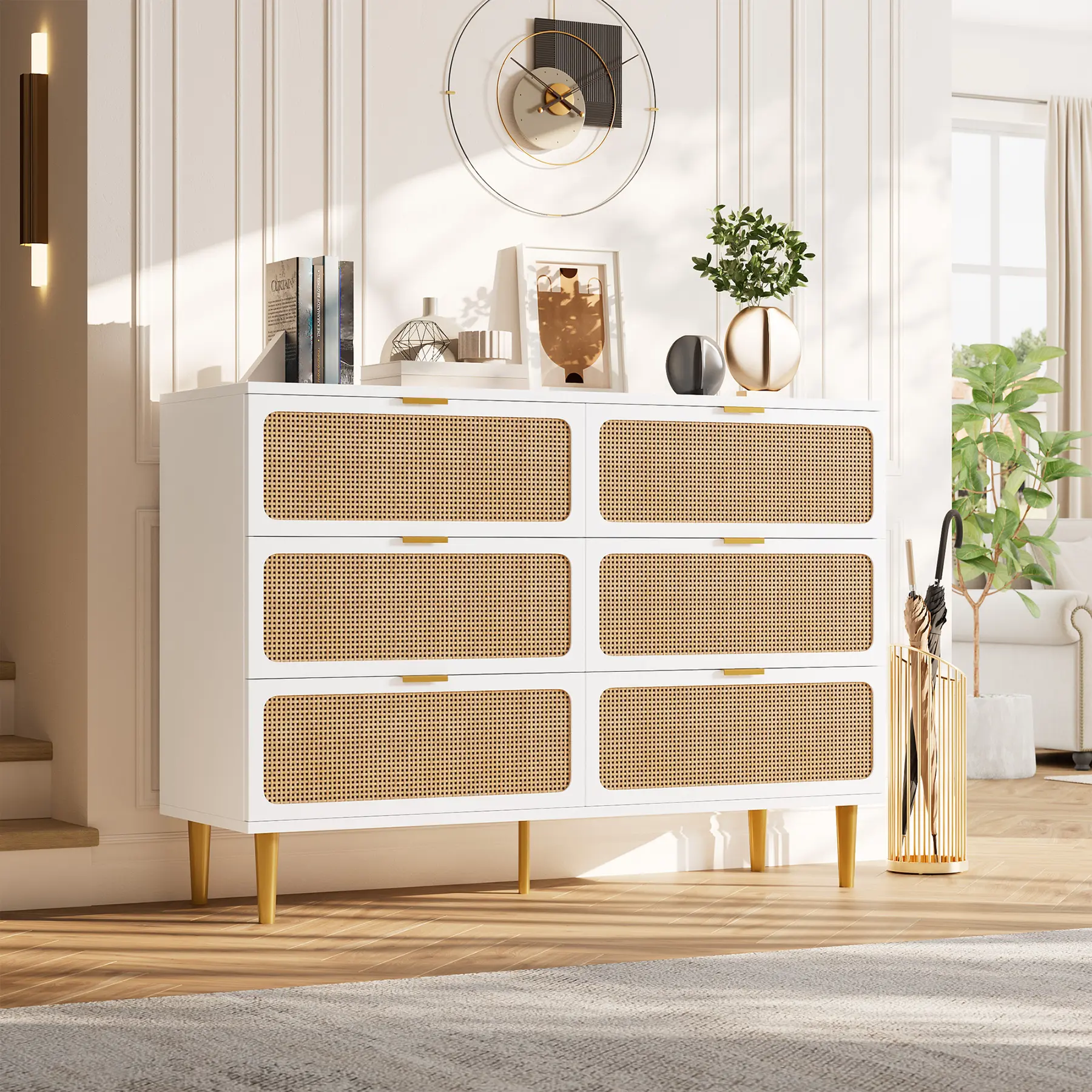 OP-Garvee Modern Rattan 6 Drawer Dresser – Wooden Chest with Deep Storage, Wide Top & Horizontal Design – Appropriate for Bedroom, Closet, Living Room, Hallway, Kids Room – Natural Finish Light Vanity Set Mirror C-Shaped Table