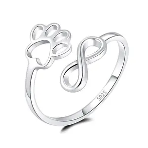 925 Sterling Silver Open Adjustable Dog and Cat Ring for Women, My Sweet Puppy We are Family Pet Animal Jewelry
