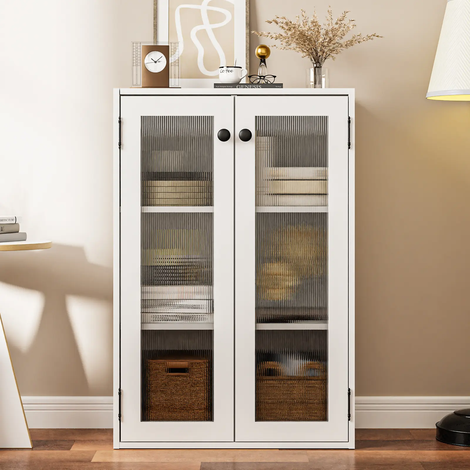 Glass Door Storage Cabinet with 6 Shelves, Modern Accent Cabinet with Tempered Ribbed Glass Doors, Small Wooden Bookcase for Living Room, Dining Room, Office, Bathroom