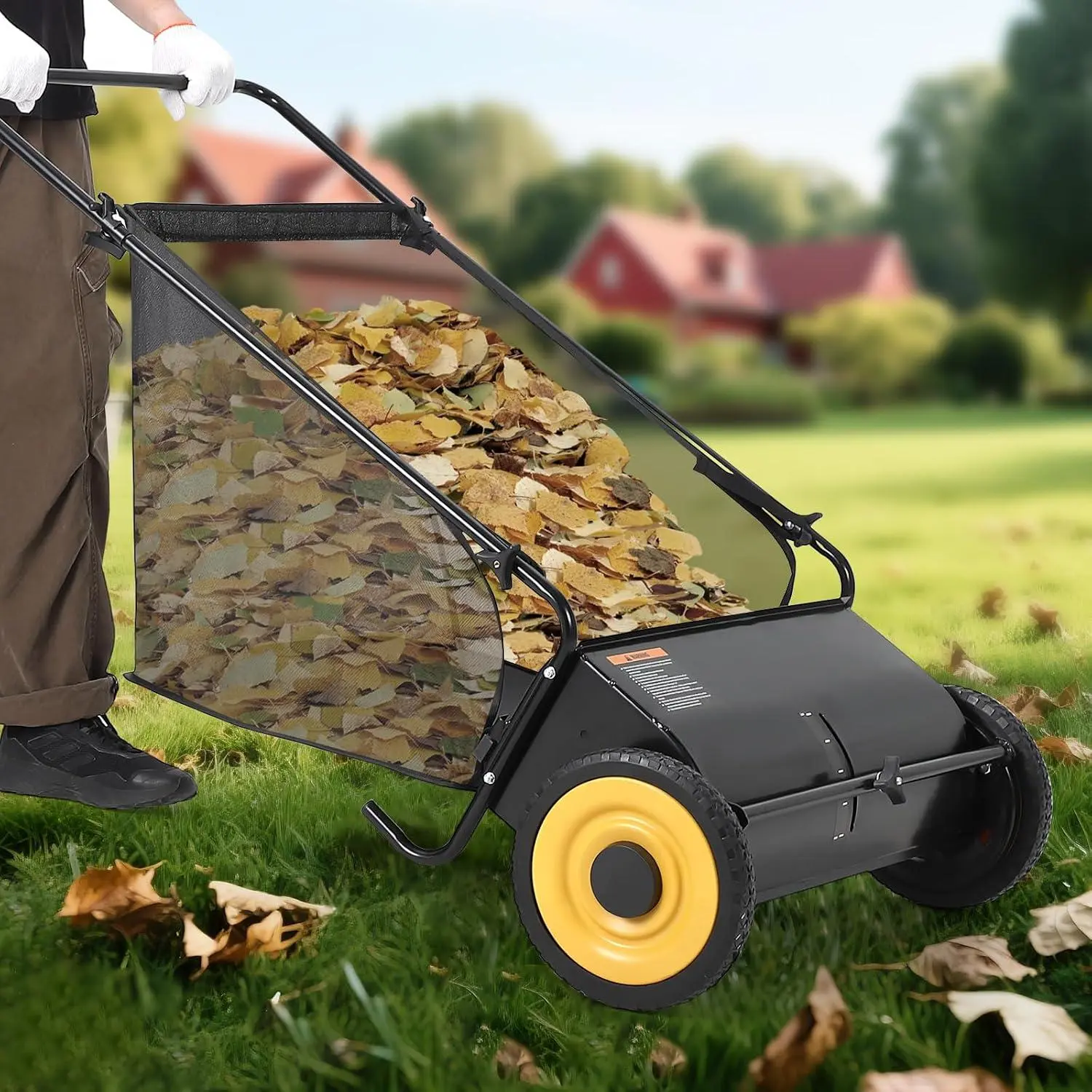 Garvee Push-Type 21-Inch Black Lawn Sweeper, Leaf & Grass Collector with 3.5 Cu.ft Bag, 4 Spinning Brushes, Strong Rubber Wheels & Heavy-Duty Thick Steel Construction