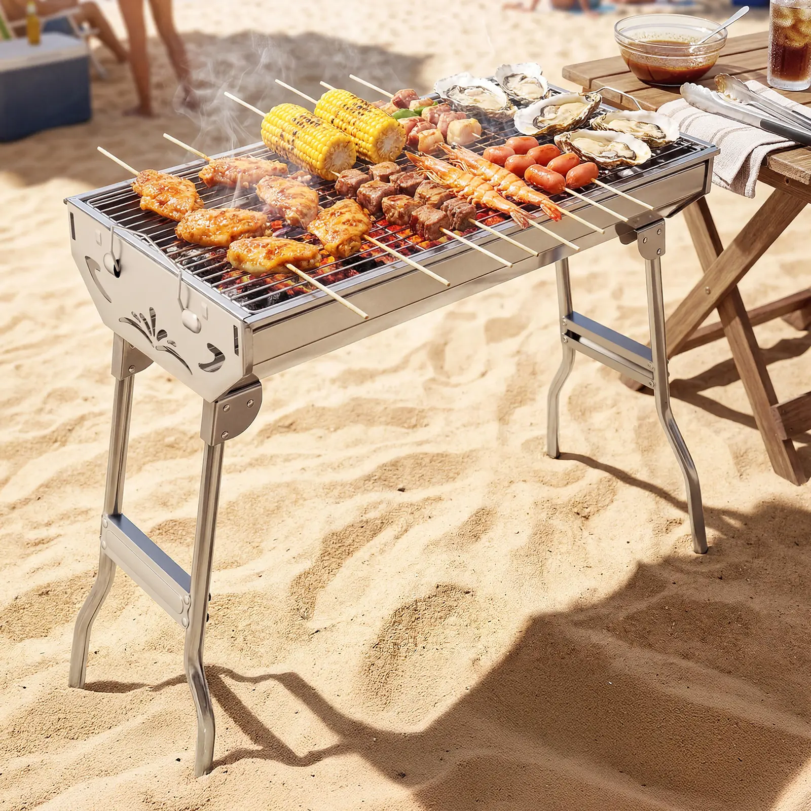 Foldable Portable BBQ Charcoal Grill, Stainless Steel Outdoor Cooking Stove, Perfect for Camping, Hiking, Beach, Picnic, Tailgating & All Outdoor Adventures