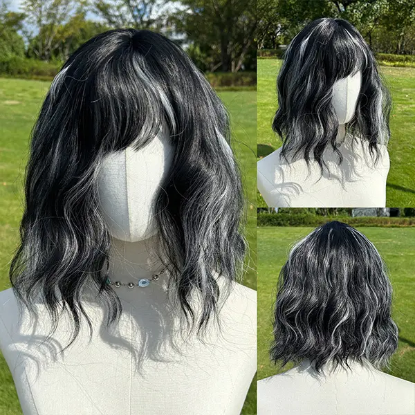 SMILCO/14Inch Highlight Grey with Black Short Wavy with Bangs Synthetic Wig/SM554 SMILCO/14Inch Highlight Grey with Black Short Wavy with Bangs Synthetic Wig/SM554
