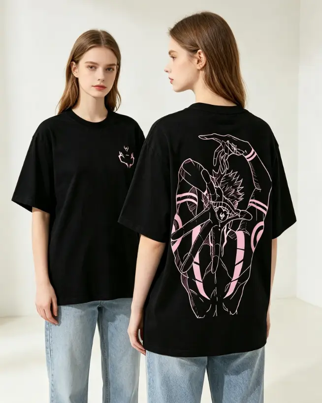 Women's Baggy Casual Loose Ryomen Sukuna Signature Jujutsu Kaisen Double-Printed Round Neck Streetwear Tops - Premium Fabric, Retro Vibe, Summer Wear for Anime Fans, Cotton