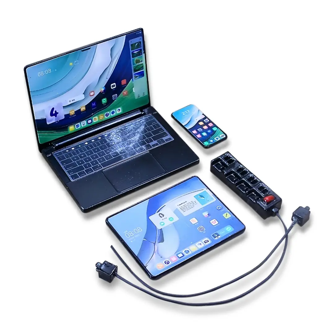 4Pcs 1:6 Scale Miniature Tech Set – Dollhouse Phone, Tablet, Laptop & Outlet – Cute DIY Accessories for Shelf & Room Décor – Unique Father’s Day Gift Idea