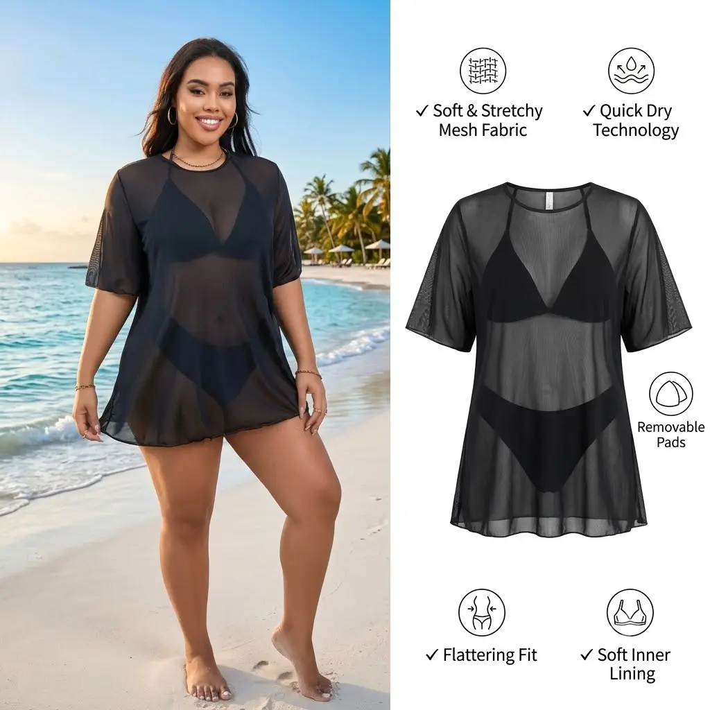Plus Size Sheer Mesh Beach Skirt, Pull-On Swimsuit Cover-Up with High-Elastic Waist, Quick-Dry Polyester for Vacation, Sports, Short Sleeve, 2Xl, Elastane, Coverups For Bathing Suits, Beach Cover Ups, Slip On, Plain, High Elasticity
