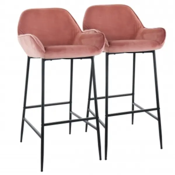 Elama Home 2-Piece Swivel Bar Chairs - Slanted Arms, Sturdy Pedestal, Smooth Velvet Back Rest, Firm Cushioned Seat, Blush Pink, Metallic Black Legs, Indoor Home Furniture, Assembly Required, Easy Setup