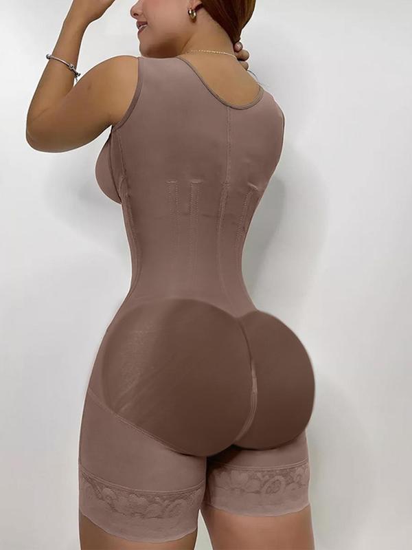 Women's Contrast Lace Zipper Shapewear Romper, Adjustable Hook & Eye Tummy Control Shaper, Women's Shapewear for All Seasons