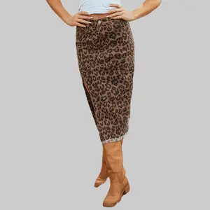 Women's Brown Leopard Print High Waist Denim Frayed Split Cheetah Midi Jean Skirt Casual Fit for Womenswear