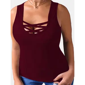Plus Size Wide Strap Crisscross Tank Top - Soft Slight Stretch Fabric, V-Neck, Semi-Sheer, Machine Washable, Solid Color,  Black Collar