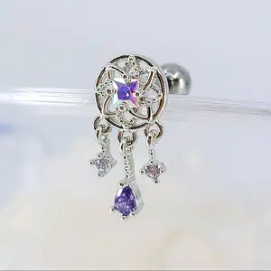 Lotus Flower Dreamcatcher Dangling AB CZ with lavender small czs cartilage piercing/Various Post Bar externally thread and 20G is available, Helix Jewelry, Conch Stud, Tragus Piercing