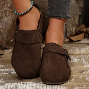 Trendy Suede Mule Shoes Women Closed Toe Slides with Buckle Strap Comfortable Casual Flats Indoor Outdoor Shoes for All-Day Wear