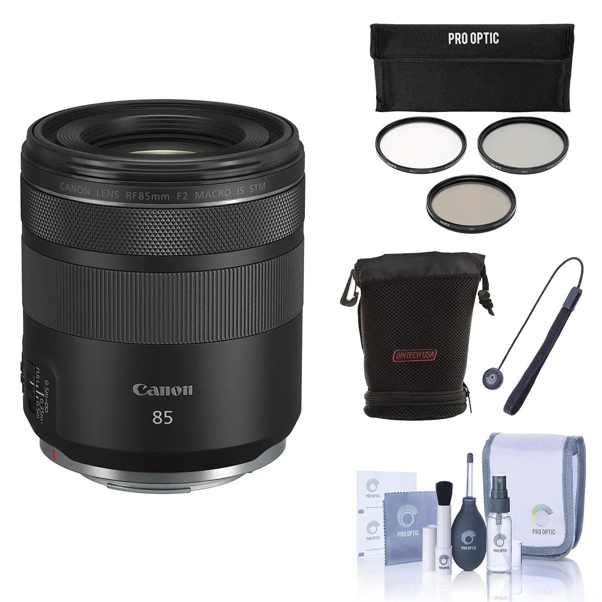 Canon RF 85mm f/2 Macro IS STM Lens, Bundle with ProOptic 67mm Filter Kit, Cleaning Kit, Lens Pouch, Lens Cap Tether