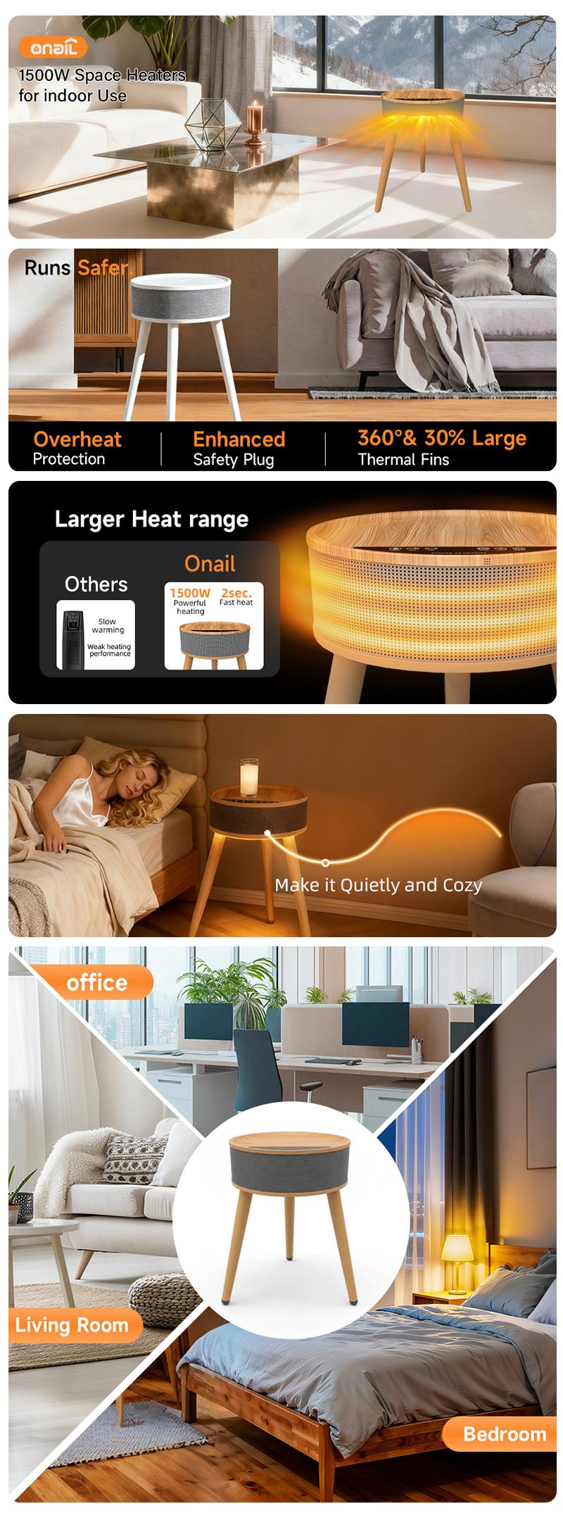 ONAIL Round Heater Table for Indoor Use 2-in-1 Side Table with Warm LED Light 1500W Fast Heating Adjustable Thermostat Wide-Angle Airflow Tip-Over Protection Remote Control