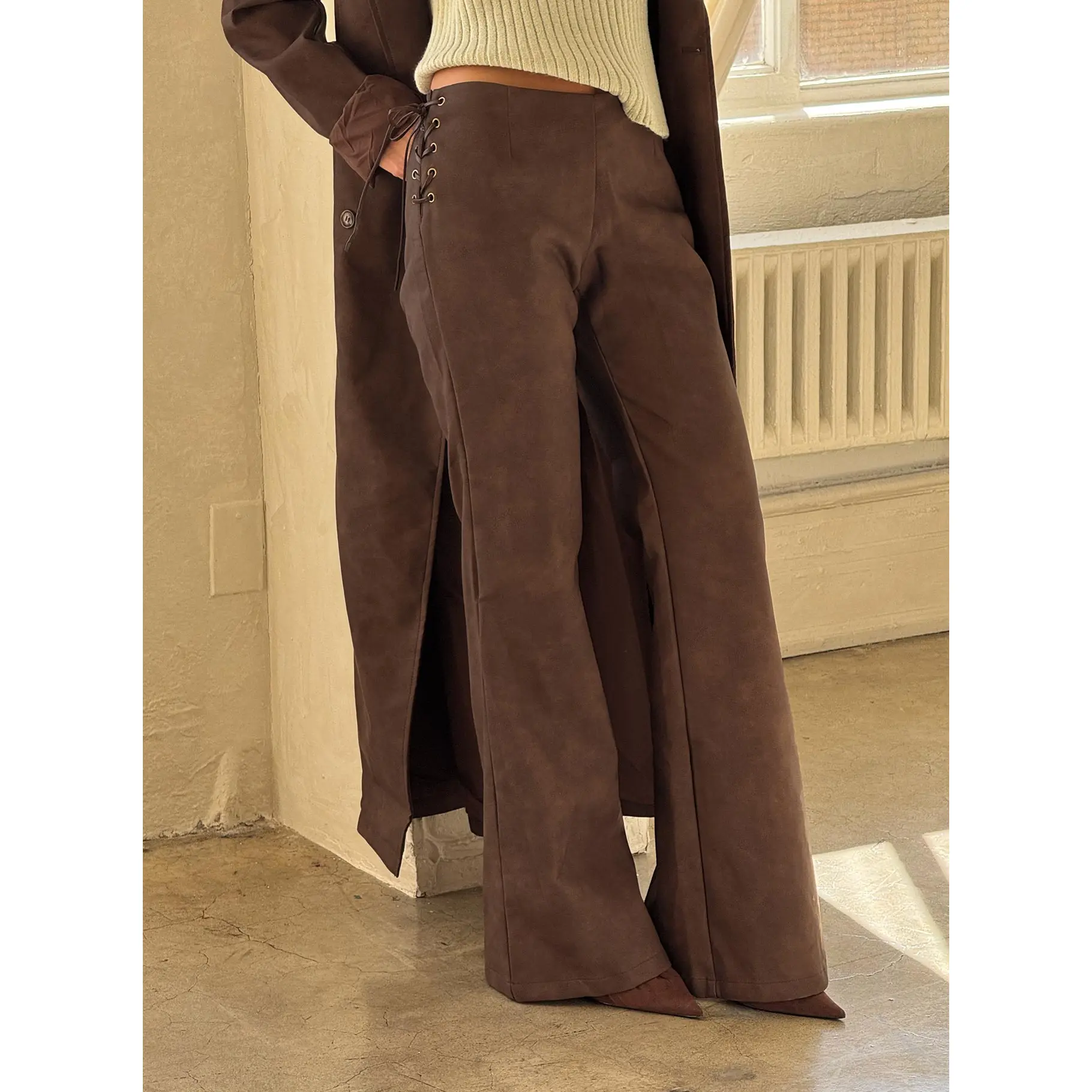 Trickrider Tie Side Faux Leather Pants Chocolate