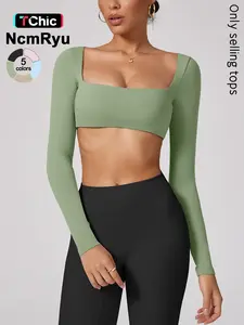 Women's Long Sleeve Sports Top, American Style, Professional Performance, Classic Square Neck, High Elasticity, Breathable Fabric, Breathable Workout Tops