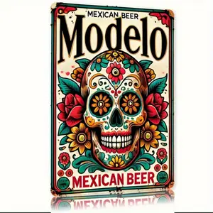 1PC 2D Plane - Vintage Mexican Beer Modelo Iron Sign, Vintage Garage Signs - Country Metal Wall Decoration with Floral Skull Design, Durable Mexican Home Decor for Home, Bar, Garage, 8x 12inch Metal Wall Art Decoration