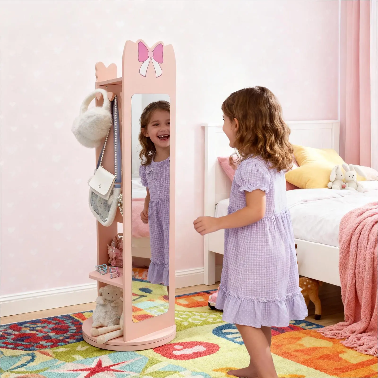 Children's Accessory Organizing Display Cabinet - Pink Bow Accent, Density Board with Spray Painting, 1-Door, 1-Level Shelf, Bottom Rotatable