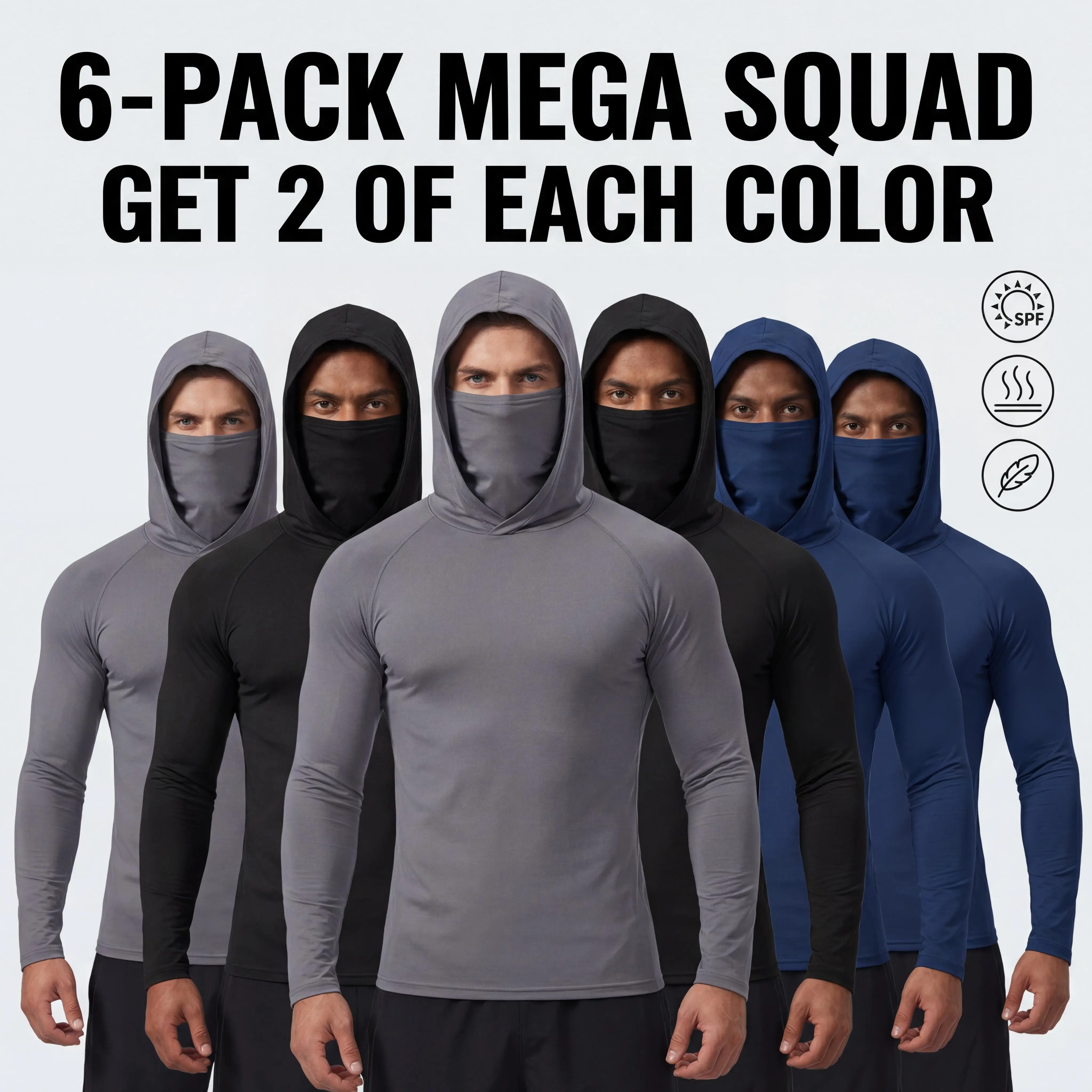 6/3 Pack Mens Sun Protection Fishing Hoodie with Face Mask UPF 50+ Long Sleeve Compression Work Shirt Construction Quick Dry
