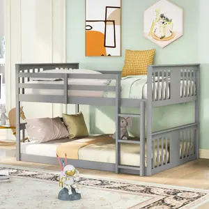 Low Bunk Bed Full Over Full Floor Bunk Bed Wood Frame with Ladder