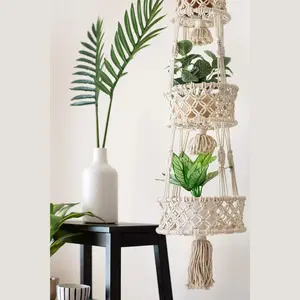 SnugLife Macrame 3 Tier Hanging Basket - Space Saving Hanging Fruit Basket for Kitchen or Decorative Boho Decor Hanging Plant Holder - Use for Produce Baskets, Indoor Planter Hangers, 42 Inches Beige