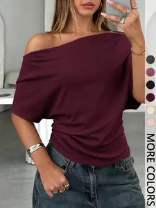 Women's Summer Autumn Casual Plain Asymmetrical Shoulder Batwing Sleeve Knit T-Shirt, Loose Fit Drop Shoulder Short Sleeve Top