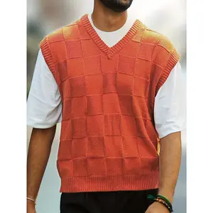 [Checkered Pullover, Spring Fashion] Orange and White Checkered Plus Size Men's Sleeveless V-Neck Knit Sweater Vest - Casual Streetwear Style, Acrylic Blend, Perfect for Spring/Fall