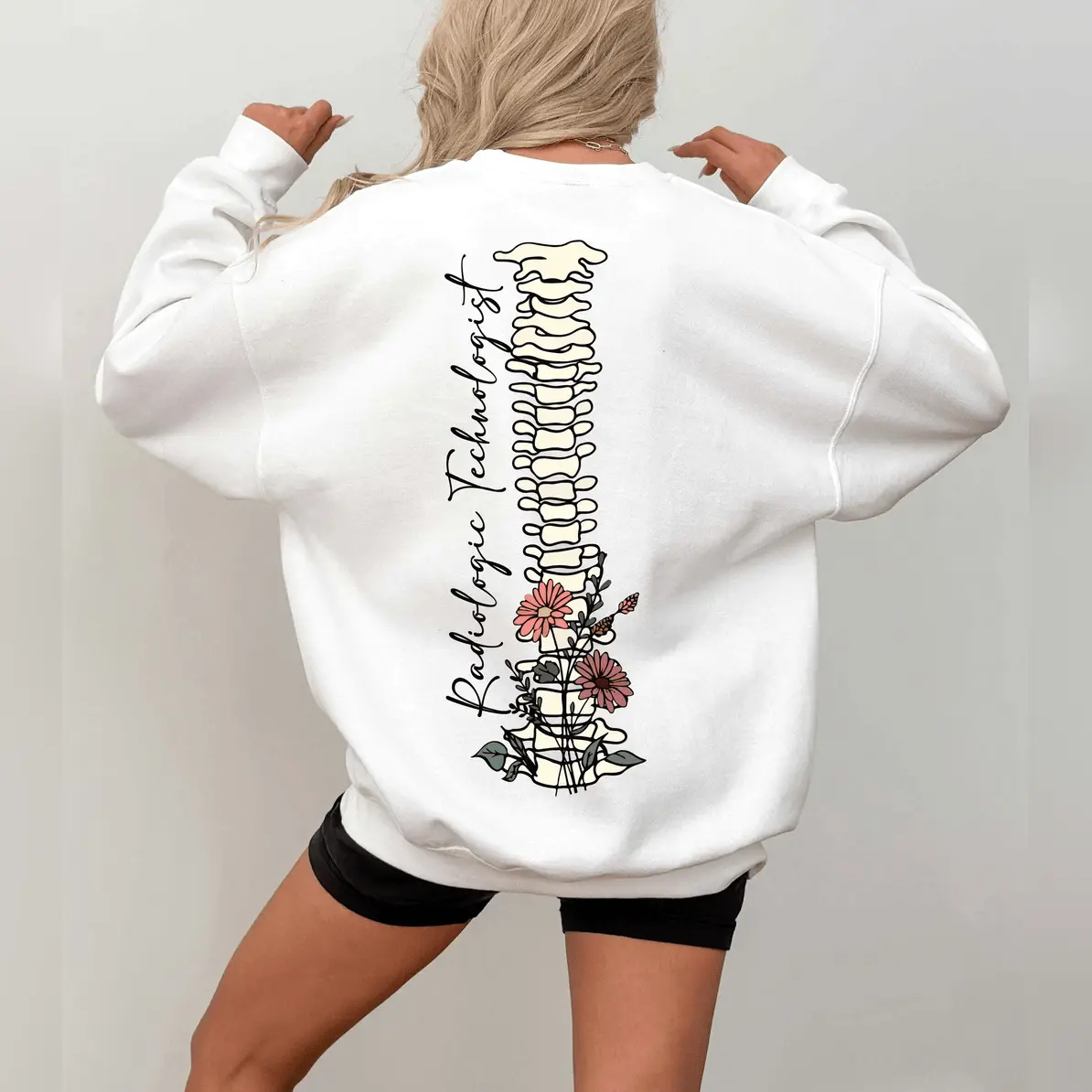Women's Rad Tech Sweatshirt with Floral Skeleton Graphic, Casual Cotton Blend Pullover, Round Neck Tops for Radiology Graduation Gift, Hoodie, Sweater, Tee, Everyday Tops