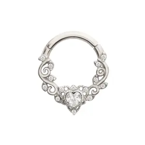 Lacy Filigree CZ Crystal Heart Hinged Segment Clicker Ring - 316L Stainless Steel