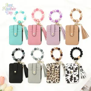 Leopard print card bag PU leather wallet women's keychain silicone bracelet, silicone bead bracelet