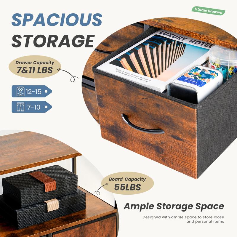 Dresser TV Stand, Entertainment Center with 5 Fabric Drawers, Media Console Table for TV with Open Storage Shelf Dresser