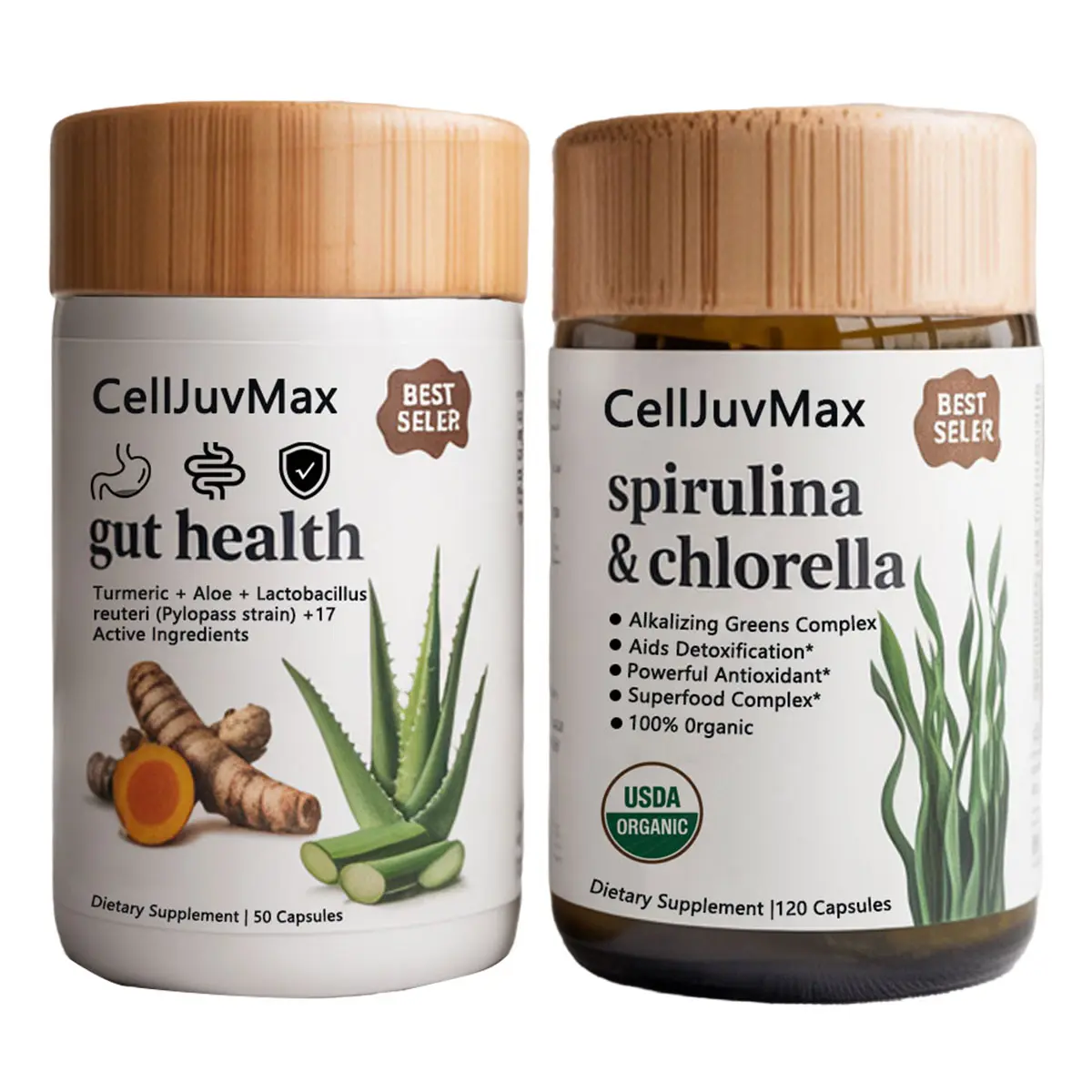 CellJuvMax Gut Health Multi-Pack Bundle - Natural Supplement Capsules with Prebiotics & Probiotics, Spirulina, Chlorella, Immune Support, Digestion Boost, Cellular Support, Cholesterol Management for Adults