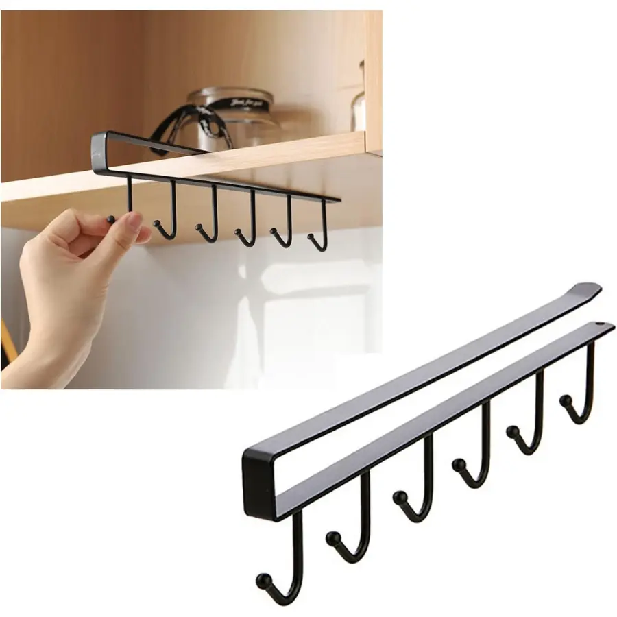 Under Cabinet Metal Hook Rack with 6 Hooks Black