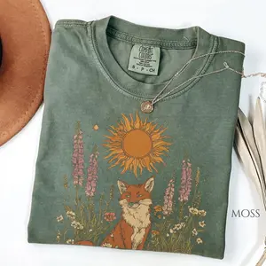 Comfort Colors Vintage Cute Folklore Fox Flower TShirt, Celestial Wildflower Tee, Cottagecore Tee for Nature Lovers, Forestcore Botanical Tshirt