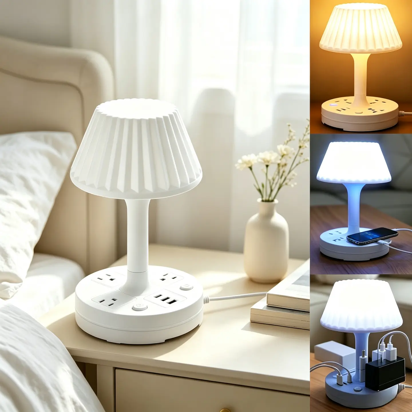 LED Desk Lamp with USB Port, Outlet & Plastic Build - 3-Color Dimmable Eye Care Small LED Lights Bedroom for Work, Lamps for Bedroom, Modern Home Decor
