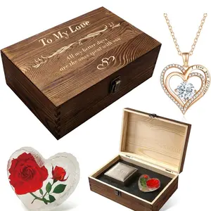 Preserved Real Rose Gift Box with Wooden Lid, Heart-Shaped Design, and Decorative Elements