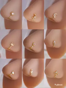 Boho Vintage Cherry Heart Celestial Sun Moon Nose Clips Set, Bohemian Brass Material, Embedded Synthetic Zircon, All-Season Wear, Perfect Gift for Mother's Day