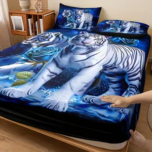 3-Piece Set Tiger Stripe and Rose Floral Pattern Bed Sheet Set - Includes 13inch Deep Pocket Bed Sheet (Max 30cm) + 2 Pillowcases, Breathable Polyester Fiber, Machine Washable - Suitable for All Seasons