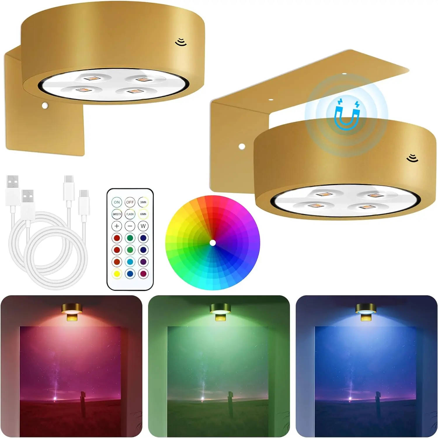 Rechargeable Battery Picture Light, 13 RGB Color Changing Led Art Display Light for Picture Frame, Magnetic Painting Light with Remote Control, Wireless Party Home Wall Decor Puck Light, Pack of 2 wallsconces Wireless Magnetic