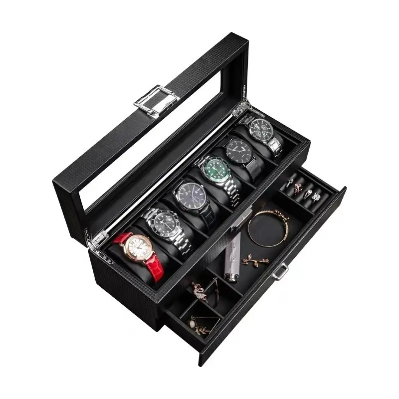6-Slot Watch Box Organizer with Glass Lid, Double-Layer Design, and Drawer for Fashion Watch Jewelry Storage