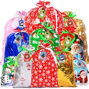 16pcs Christmas Drawstring Gift Bags with Tags, 5 Assorted Size Xmas Gift Wrapping Bags, Christmas Extra Large Medium Small Gift Bags Bulk for Party Decorations