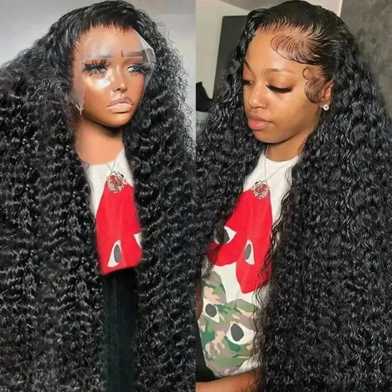 Deep Curly Water Wave Human Hair Wigs 180% Density Water Wave 13x6 HD Transparent Lace Front Wigs Pre Plucked Curly Lace Frontal Wigs For Women Lace Front Wig Tiny Knots