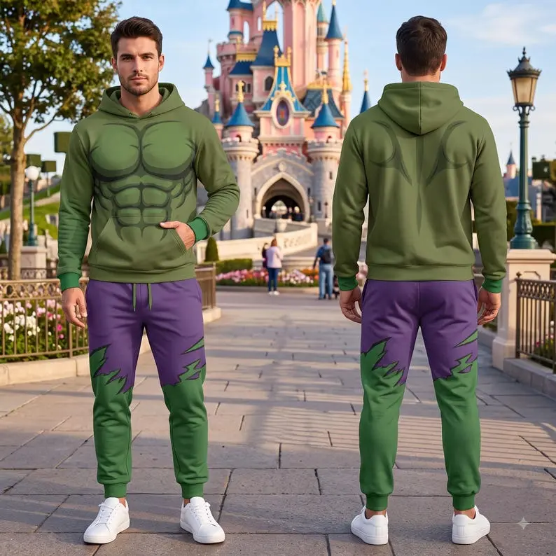 HUIK Green Muscle Hero Hoodie and Jogger Set, Superhero Inspired Pullover Sweatshirt with Matching Jogger Pants, Strong Comic Hero Cosplay Outfit, Halloween Party Costume, Family Matching Gift