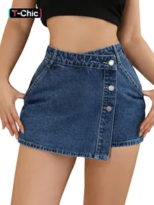 Women's High Waist Button Front Asymmetrical Hem Denim Skirt Pants, Casual Fashion Jeans, Comfortable, Fit and Stylish, Cute