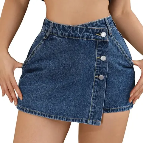Women's High Waist Button Front Asymmetrical Hem Denim Skirt Pants, Casual Fashion Jeans, Comfortable, Fitted, Fit and Stylish, Cute, High Waist Skirts