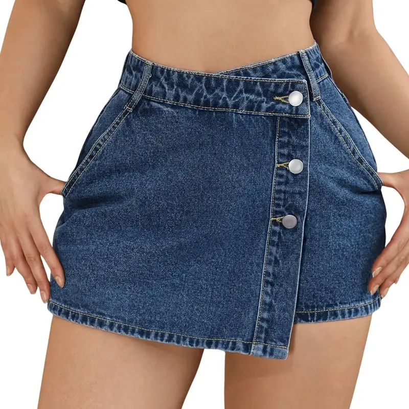Women's High Waist Button Front Asymmetrical Hem Denim Skirt Pants, Casual Fashion Jeans, Comfortable, Fitted, Fit and Stylish, Cute, High Waist Skirts
