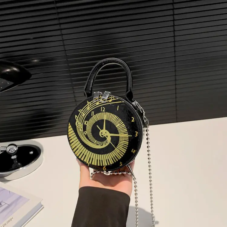 Retro Spiral Watch Print Small Circular Clutch Bag, Gold Musical Staff Graphic Dual Carry Detachable Ball Chain Shoulder Bag For Women