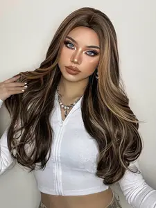 Fashionable New 7x5.5 Lace Frontal Wigs 26 Inch Long Wavy Dark Brown Wigs with Highlights Synthetic Wigs for Women, Suitable for Ordinary Work, Life, Dance Parties and All Occasions